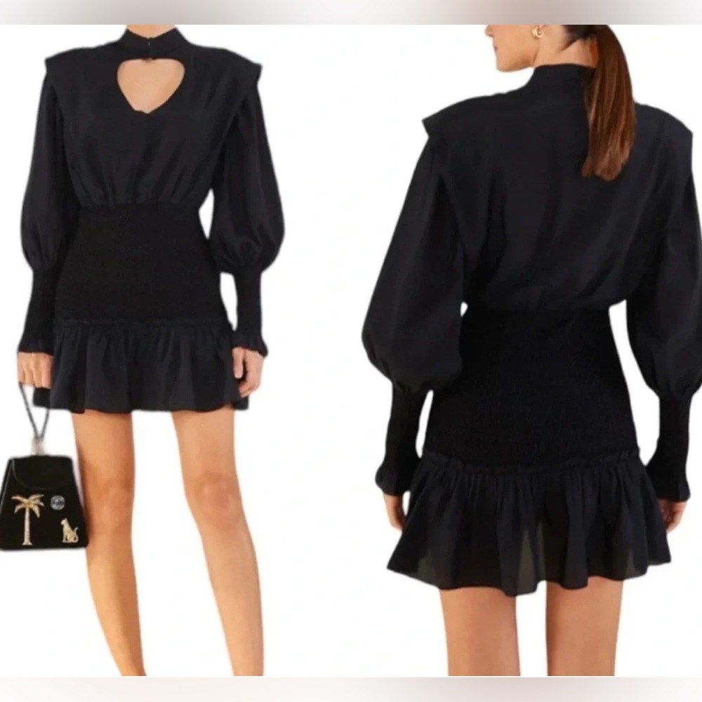 FARM RIO Heart Neckline Padded  Shoulder Smocked Long Sleeve Black Mini Dress XL